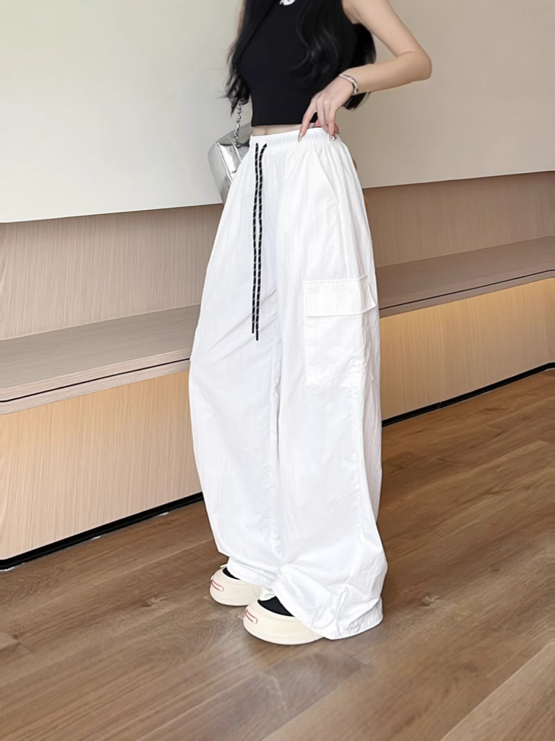 白パンツ ナイロン製ストライプ紐付きワイドカーゴパンツ