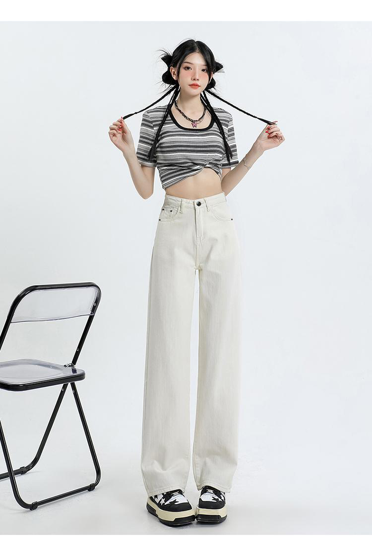 白パンツ ハイウエストストレートデニムパンツ