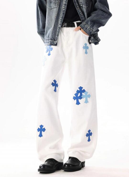 秋冬クロス柄白パンツ ワイドズボン 男性用