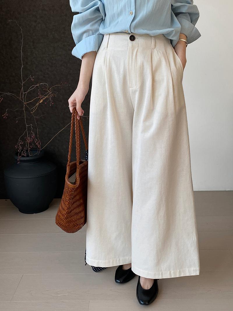 白パンツ リネン風タックワイドパンツ