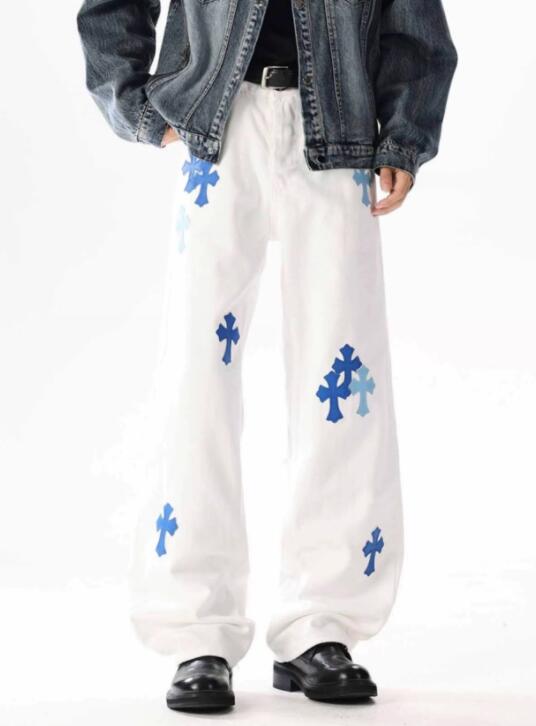 秋冬クロス柄白パンツ ワイドズボン 男性用