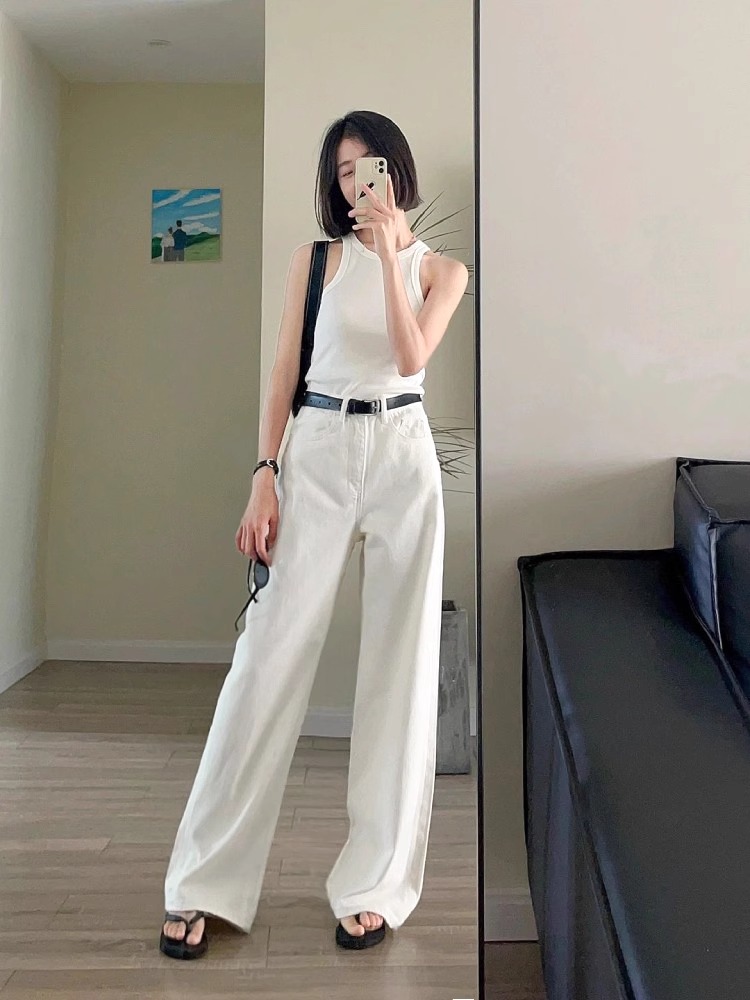 白パンツ ドレープストレートデニムパンツ