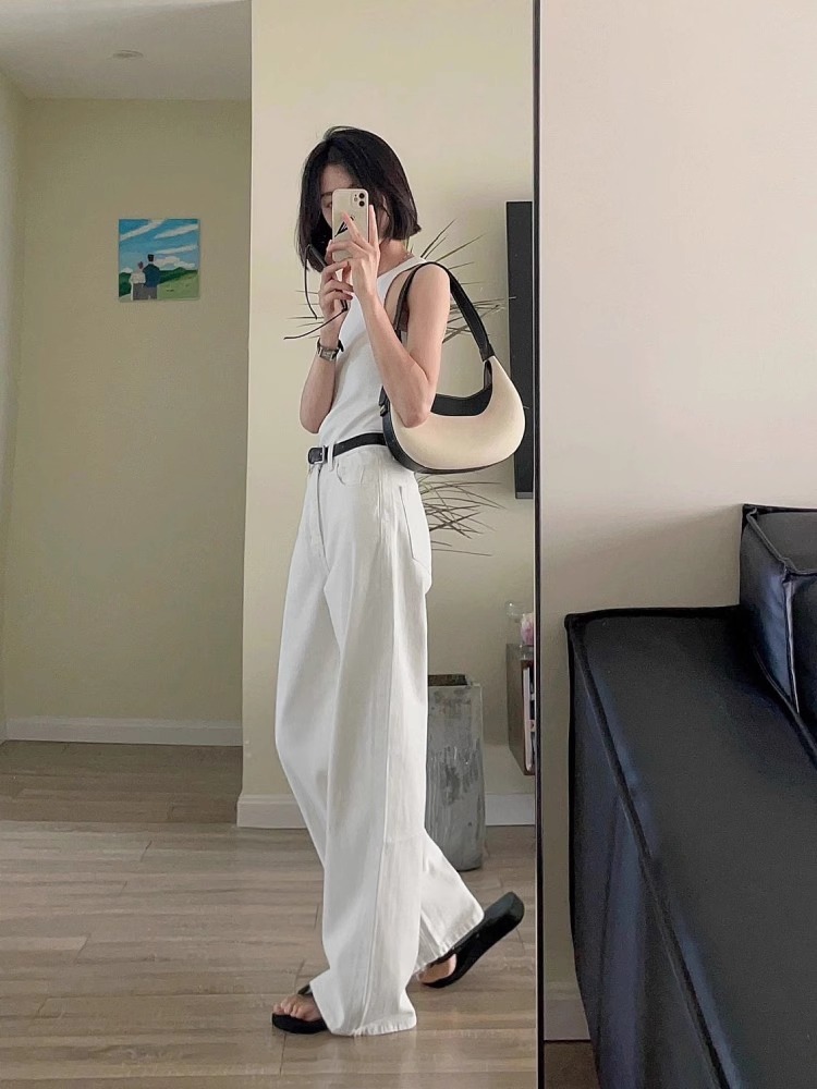白パンツ ドレープストレートデニムパンツ
