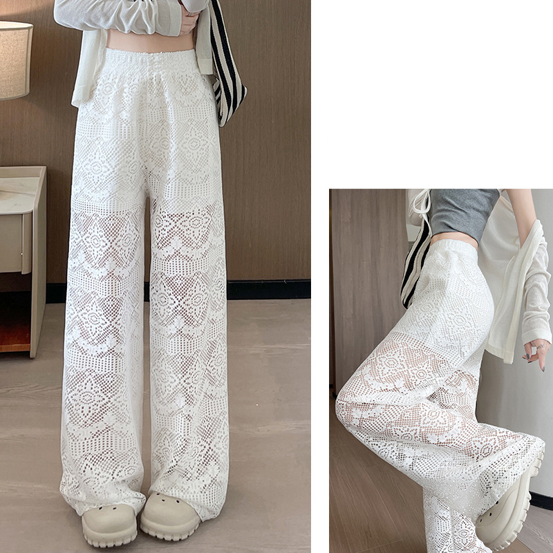 白パンツ 新作レディース透け感レースワイドパンツ