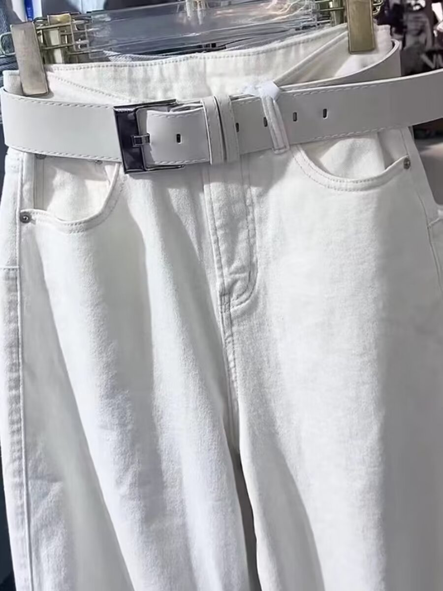 白パンツ ベルト付きハイウエストゆったりワイドデニムパンツ