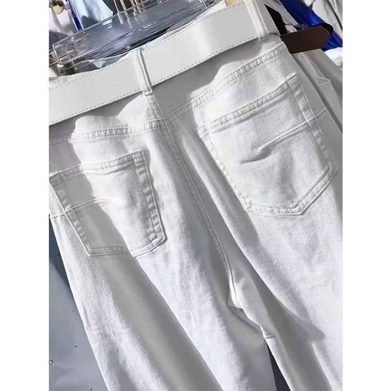 白パンツ ベルト付きハイウエストゆったりワイドデニムパンツ