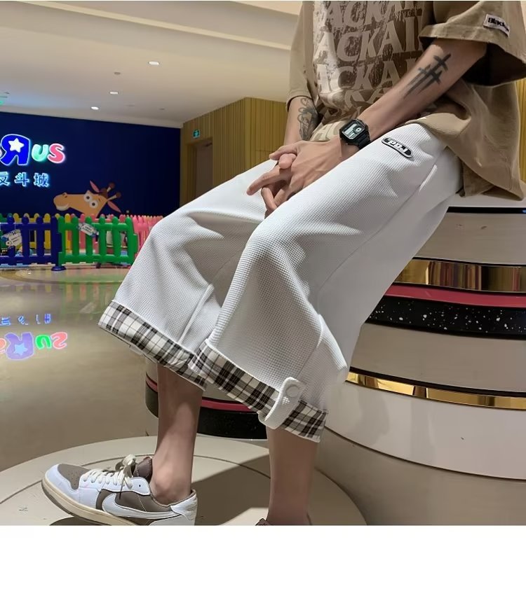 白パンツ 格子柄ワンポイント七分丈パンツ