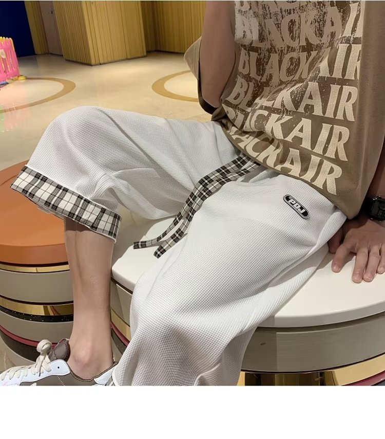 白パンツ 格子柄ワンポイント七分丈パンツ