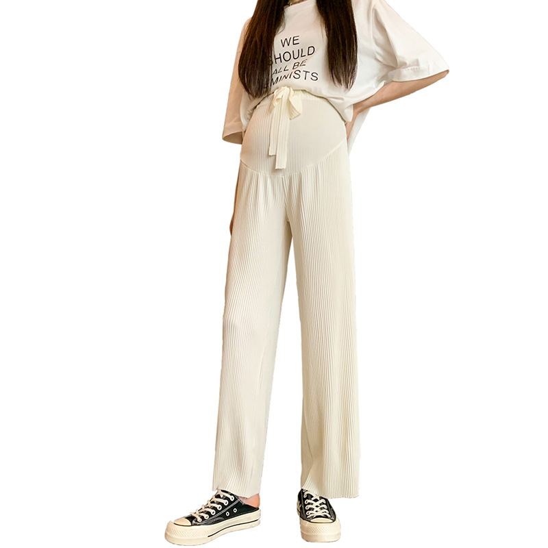 白パンツ リブニット縦ストライプワイドマタニティパンツ