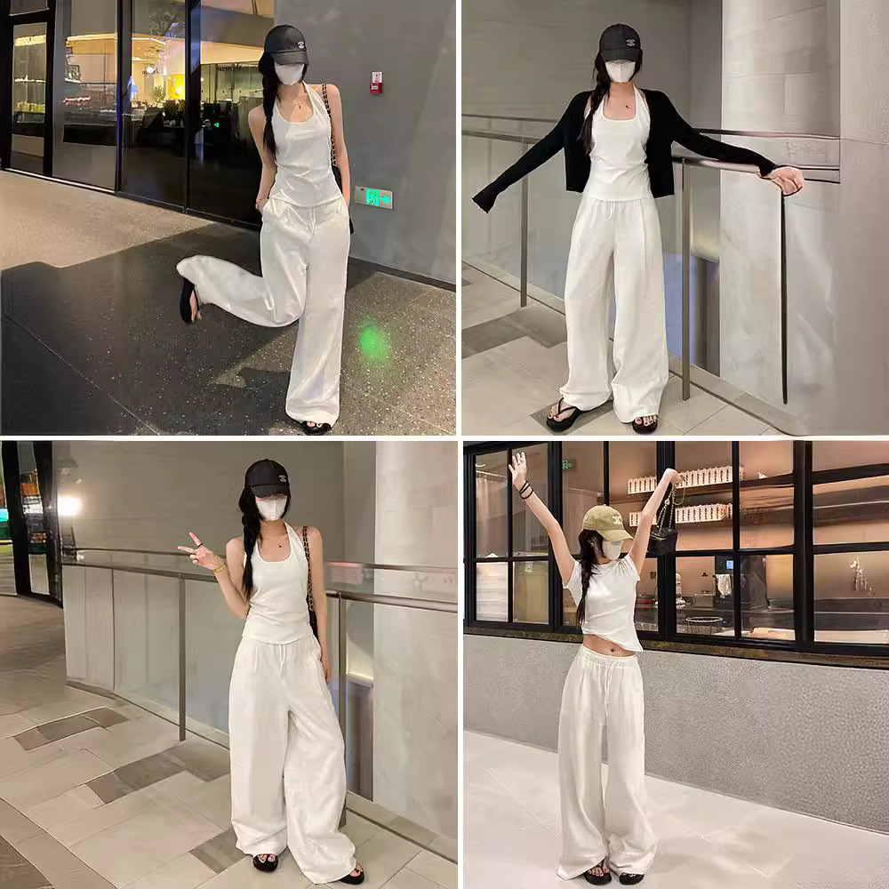 白パンツ リネン混ドロストゆったりワイドパンツ