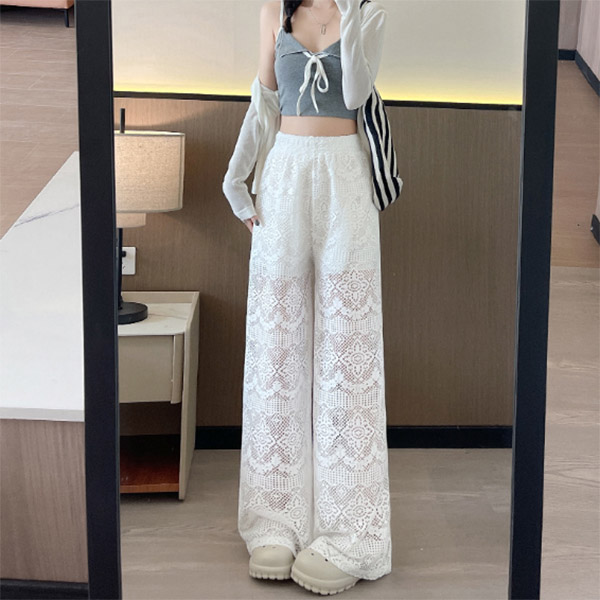 白パンツ 新作レディース透け感レースワイドパンツ