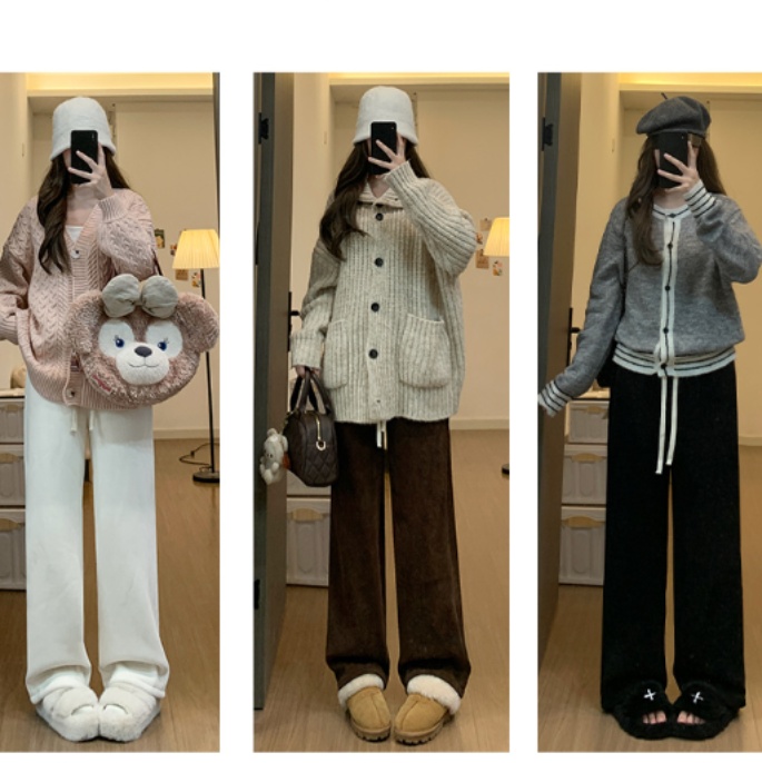 白パンツ もこもこ裏起毛リブパンツ