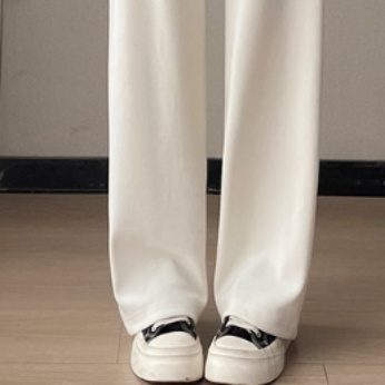 白パンツ リブ編みリラックスパンツ