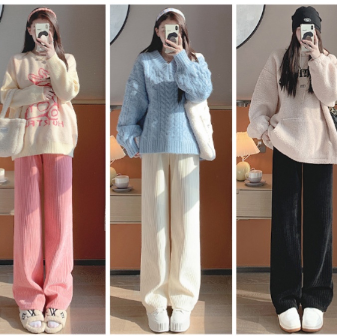 白パンツ ニットプリーツストレートパンツ