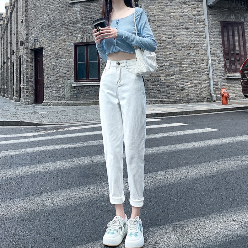 白パンツ ハイウエストストレートデニムパンツ