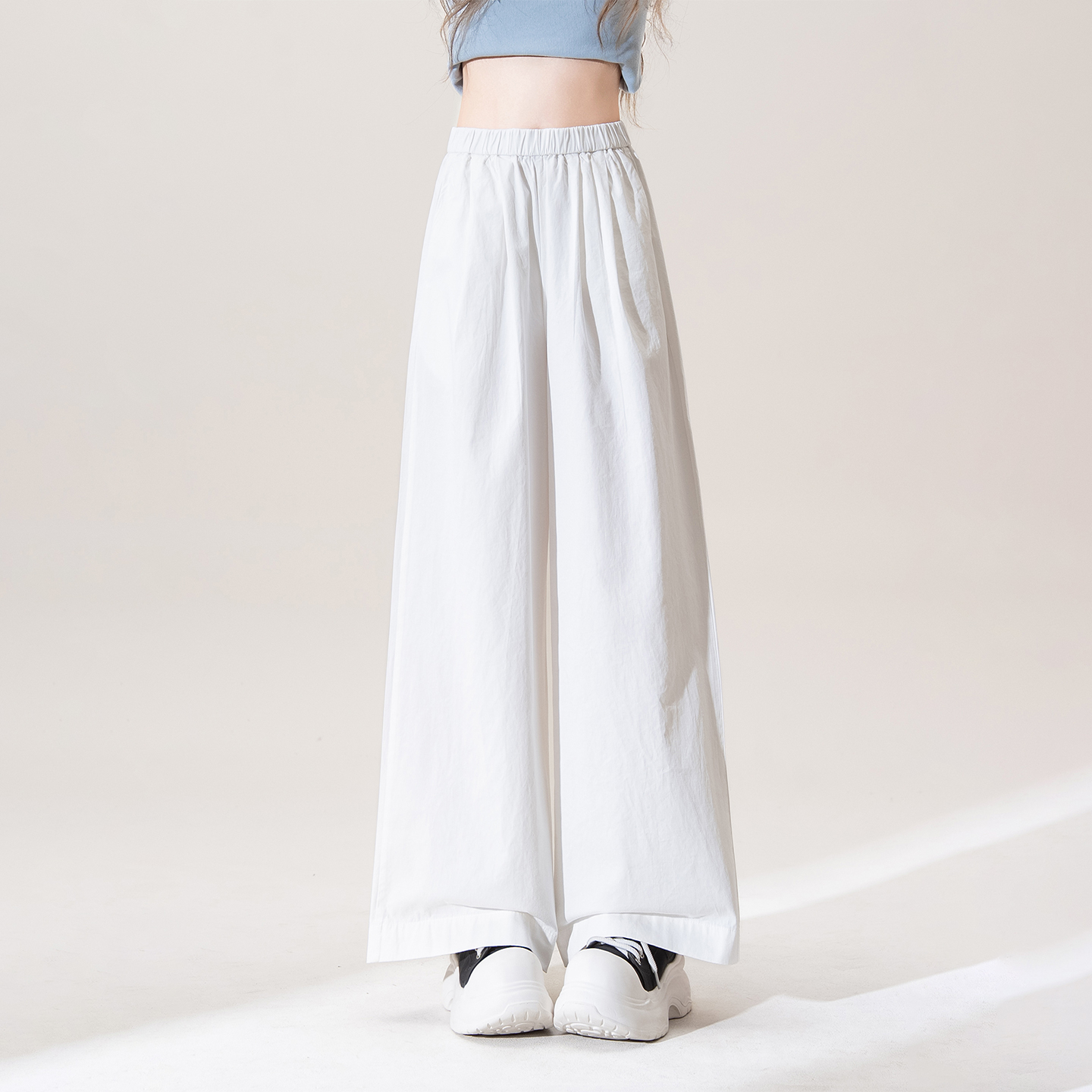 白パンツ ゆったりワイド綿麻素材ロングパンツ