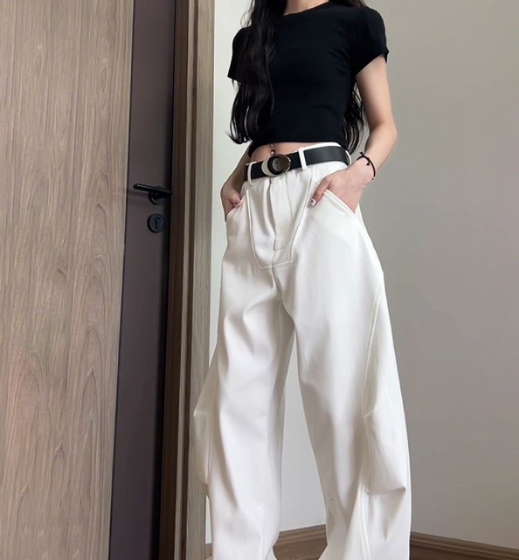 白パンツ ワイドシルエット立体ポケットパンツ