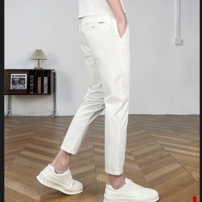 白パンツ 弾力ストレートカーゴパンツ