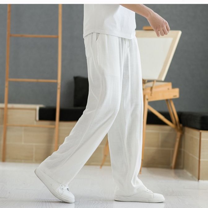 白パンツ 麻混リラックスストレートパンツ