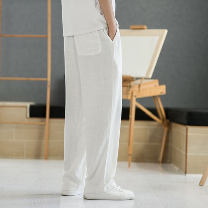 白パンツ 麻混リラックスストレートパンツ