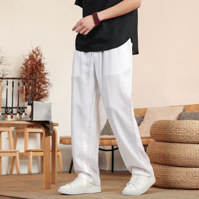 白パンツ 涼やか麻混ワイドパンツ