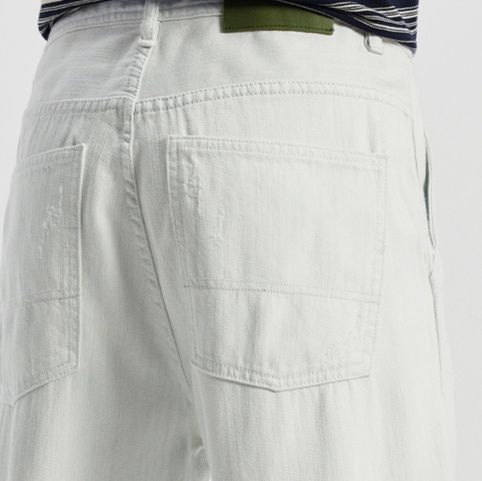 白パンツ ヴィンテージ風ダメージ加工ワイドパンツ