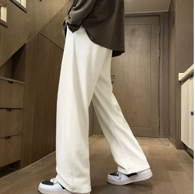 白パンツ 畦編みリラックスワイドパンツ