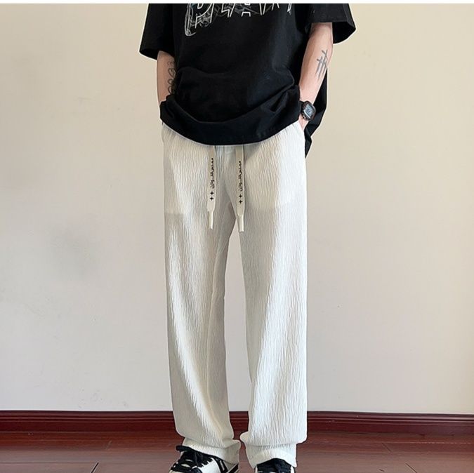 白パンツ 凹凸感シワ加工ストレートパンツ