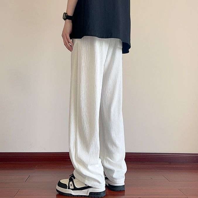 白パンツ 凹凸感シワ加工ストレートパンツ