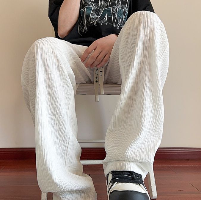 白パンツ 凹凸感シワ加工ストレートパンツ
