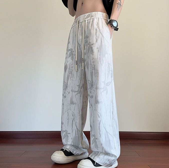 白パンツ 大理石柄ワイドパンツ