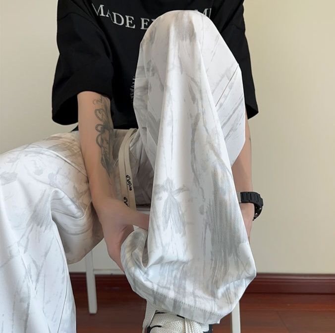 白パンツ 大理石柄ワイドパンツ