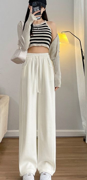 白パンツ リブ素材の上質ストレートパンツ