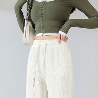 白パンツ 高腰リブニット紐付きゆったりパンツ
