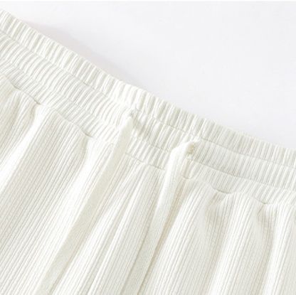 白パンツ 高腰リブニット紐付きゆったりパンツ