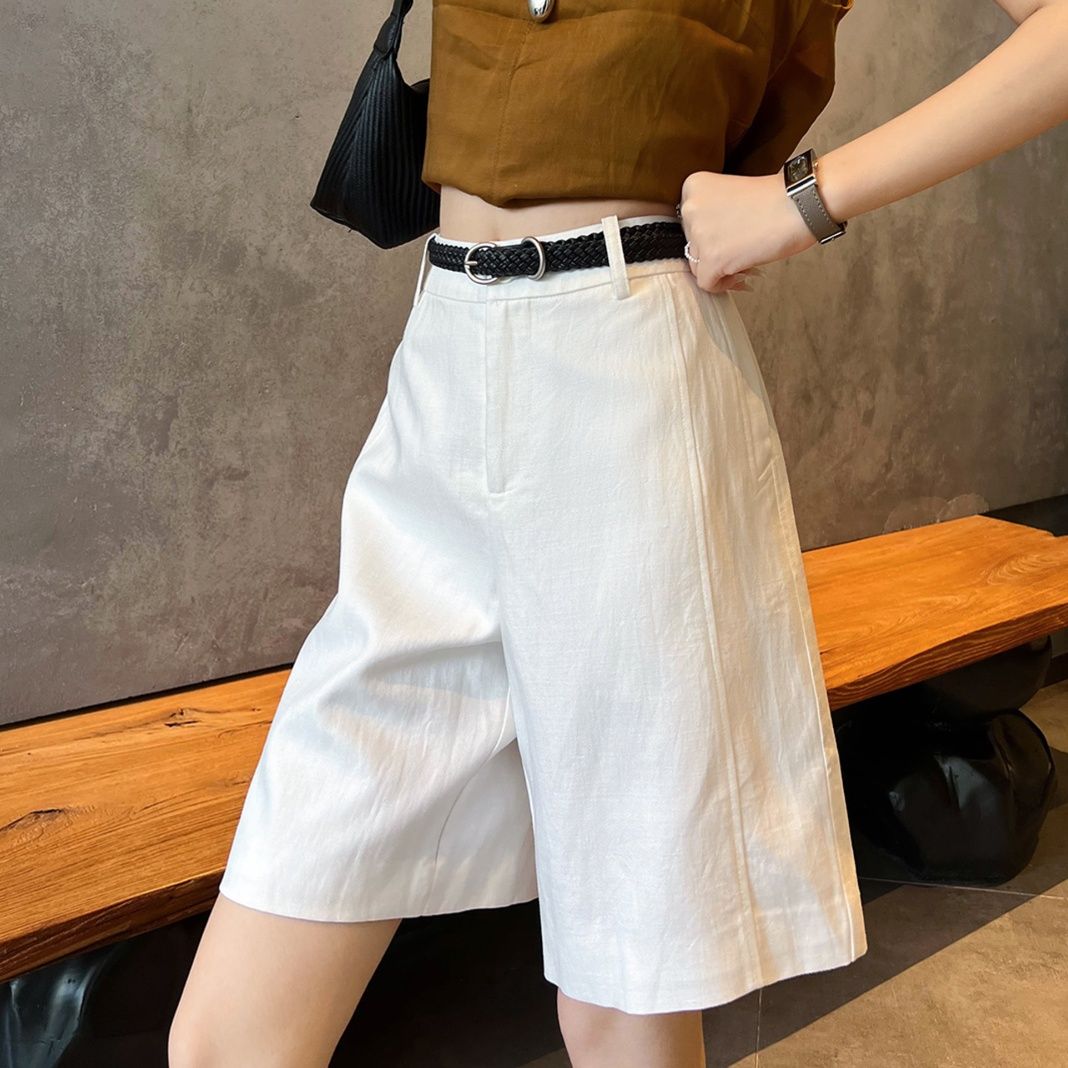 白パンツ 涼感リネン風ハーフ丈ゆったりショートパンツ