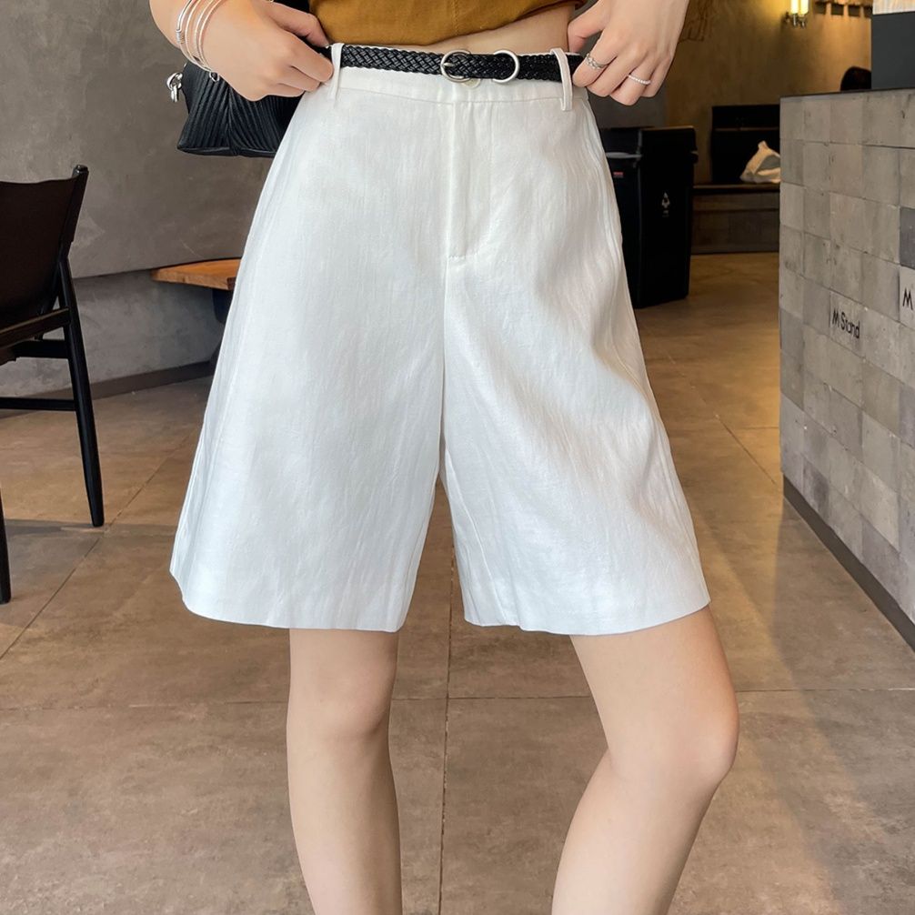 白パンツ 涼感リネン風ハーフ丈ゆったりショートパンツ
