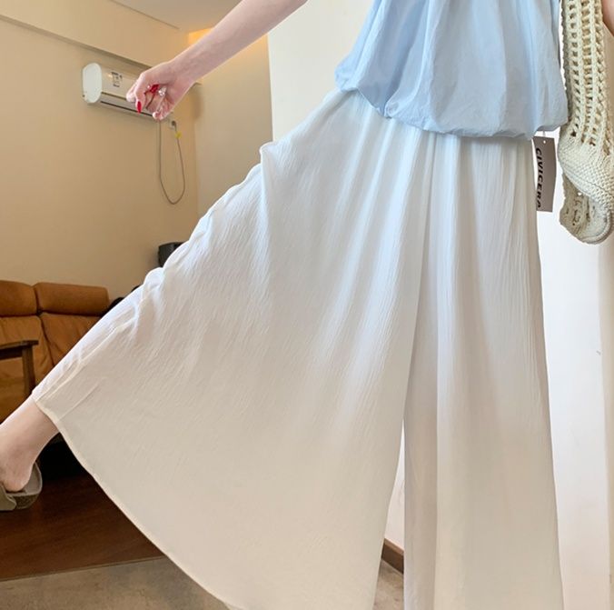白パンツ ゆったり美脚ワイドシルエット広がりボトムス