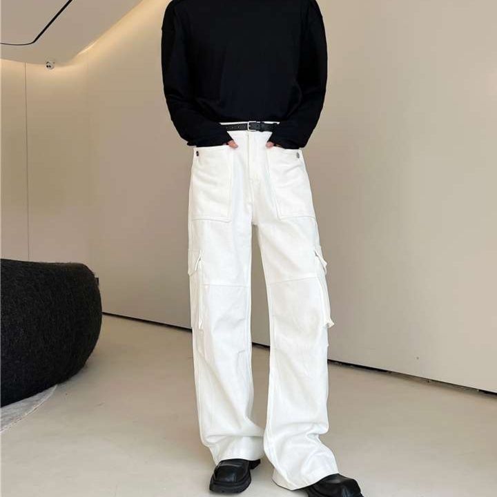 白パンツ ゆったりカーゴパンツ ワイドシルエット多機能ポケット