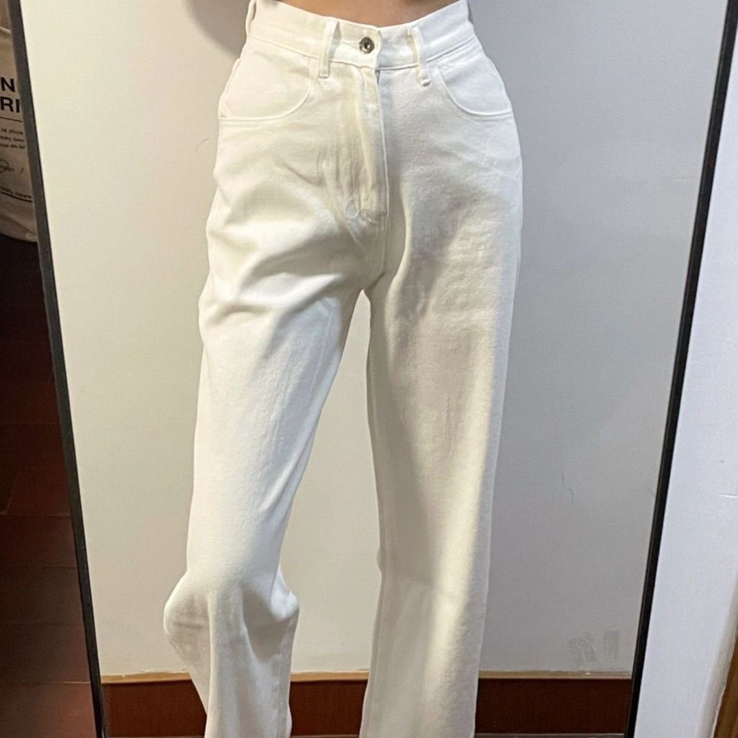 白パンツ ハイウエストストレートデニムワイドパンツ