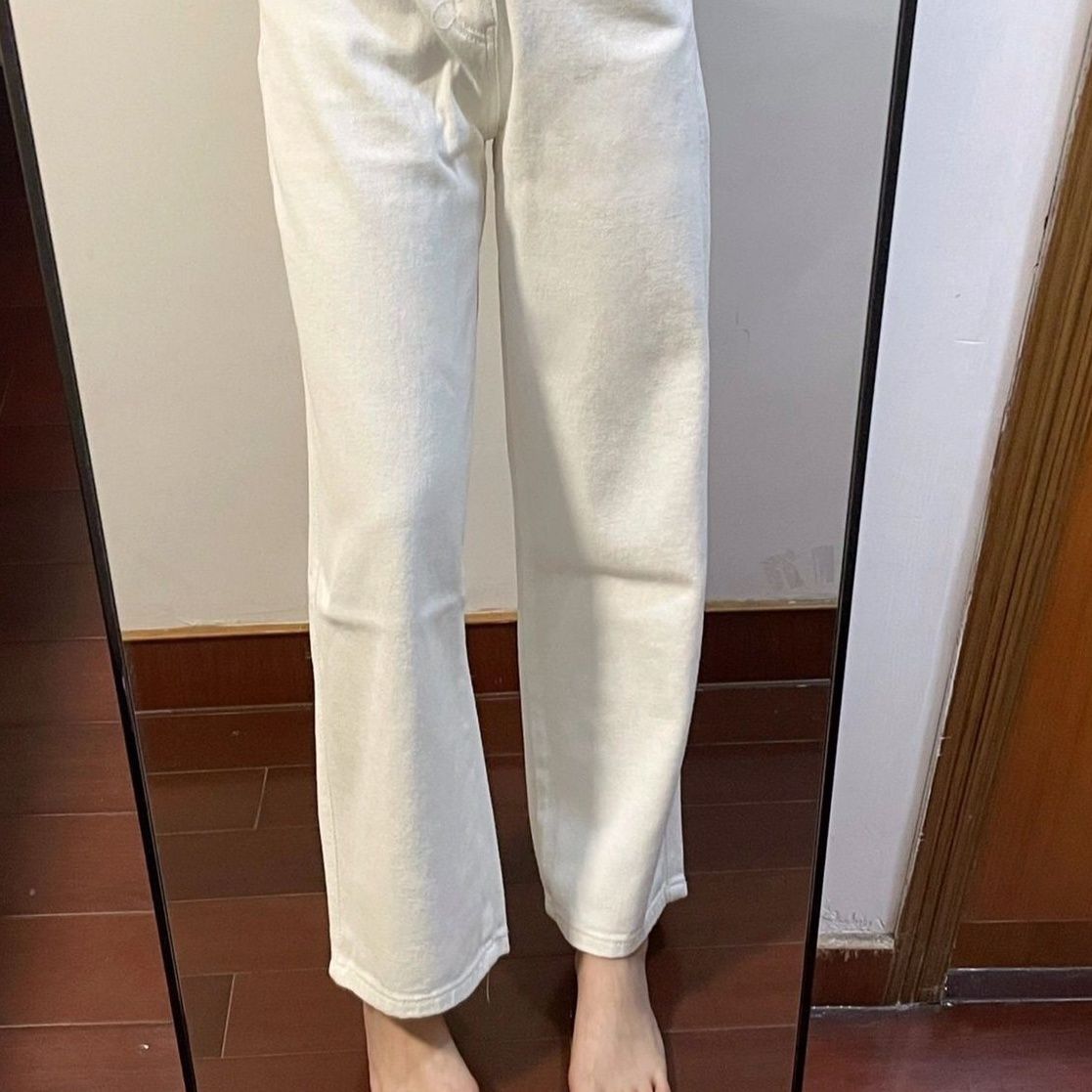 白パンツ ハイウエストストレートデニムワイドパンツ