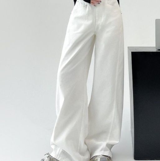 白パンツ ハイウエストゆったりシルエット美脚ロング丈ワイドパンツ