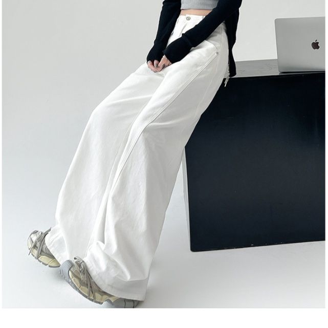 白パンツ ハイウエストゆったりシルエット美脚ロング丈ワイドパンツ