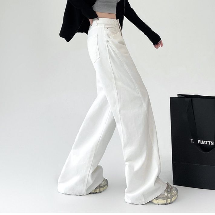 白パンツ ハイウエストゆったりシルエット美脚ロング丈ワイドパンツ