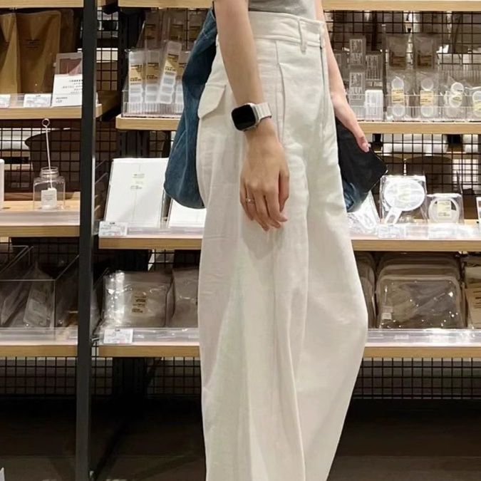 白パンツ センタープレスハイウエストゆったりワイドパンツ