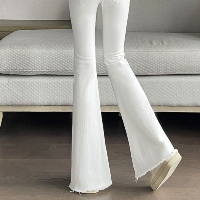 白パンツ 裾フリンジフレアストレートハイウエストパンツ