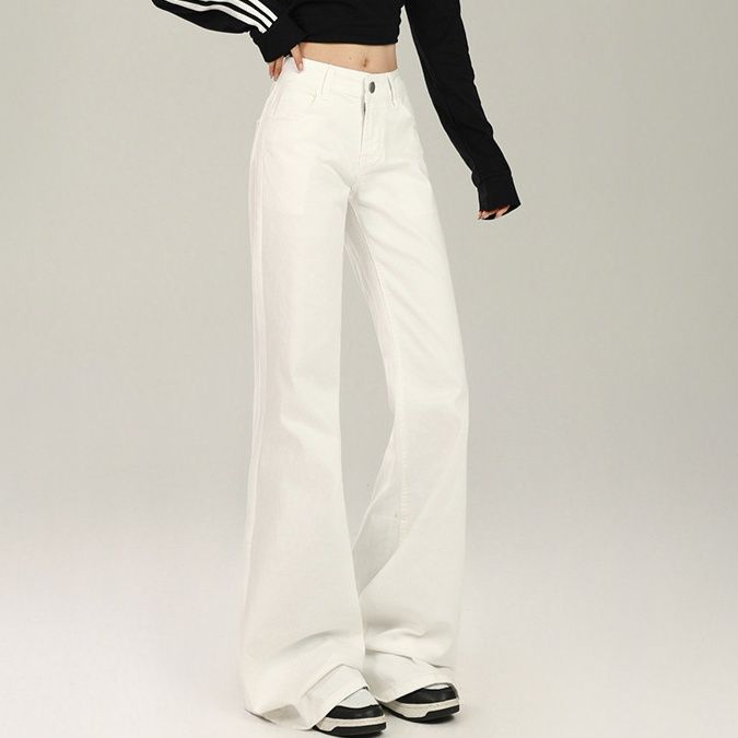 白パンツ ハイウエストストレートワイドデニムパンツ