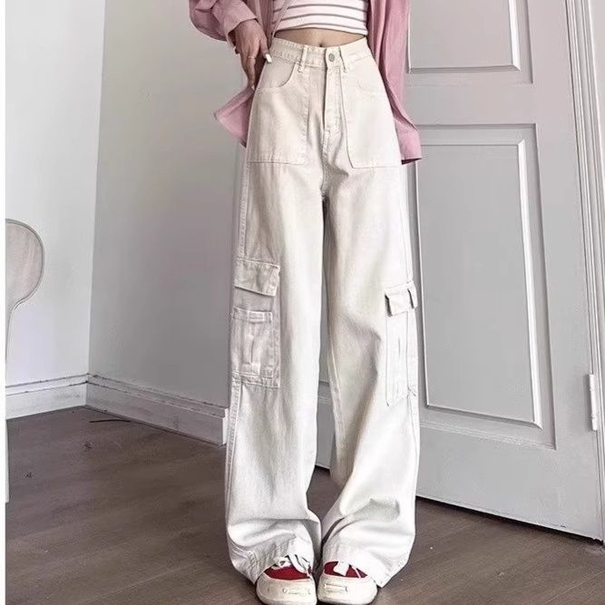 白パンツ マルチポケット付きワイドカーゴパンツ