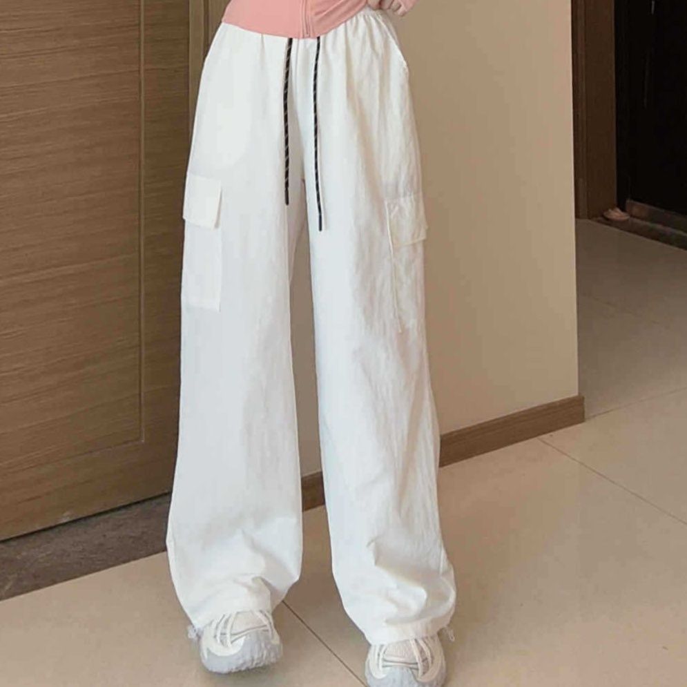 白パンツ ナイロン製ワイドシルエット紐付きパンツ