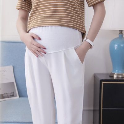 白パンツ 腹部ゆったり調節可能テーパードマタニティパンツ